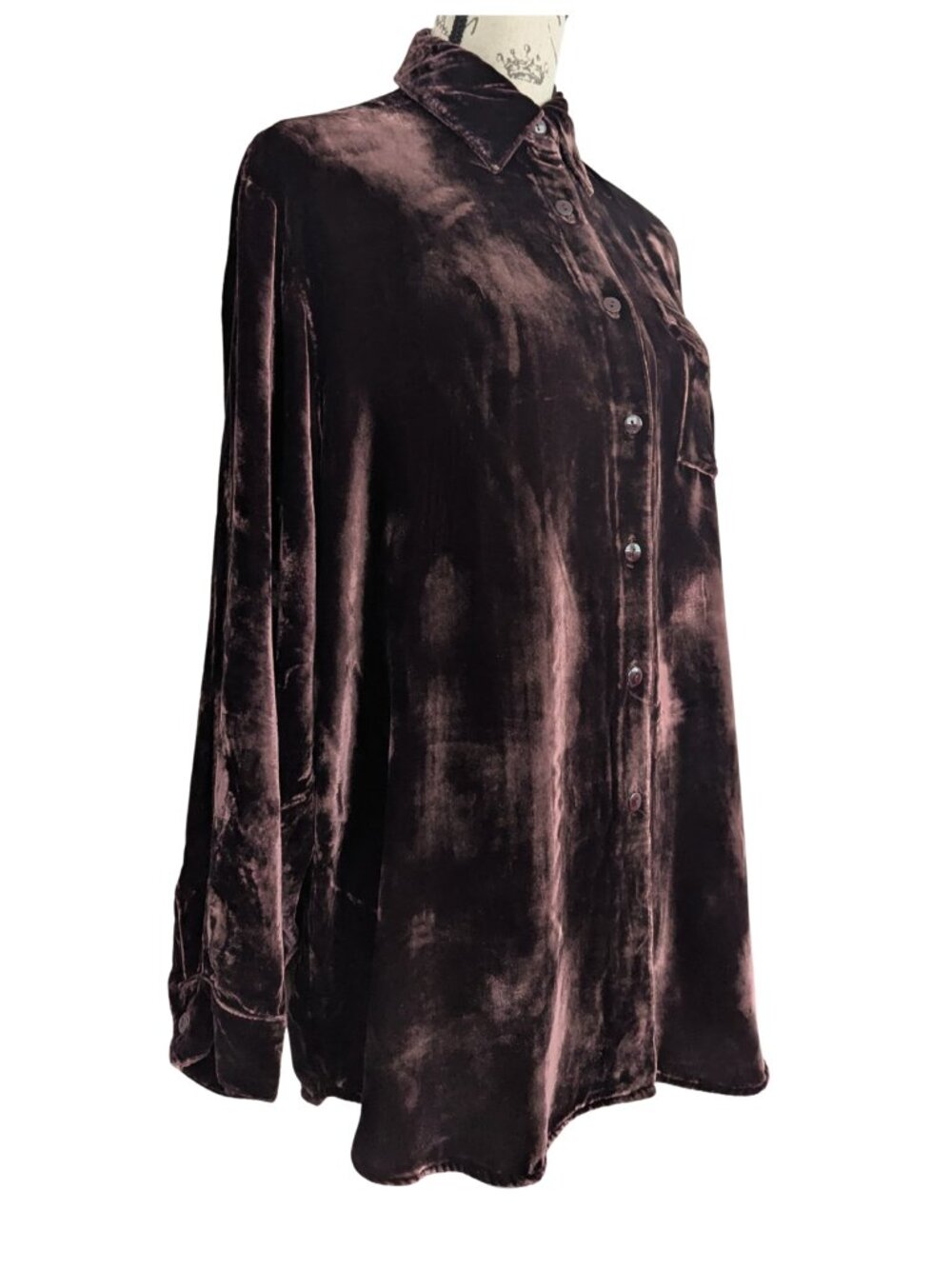 Jones & Co Velvet Button-Down Shirt Silk Blend Deep Plum Brown Size M - Picture 3 of 8